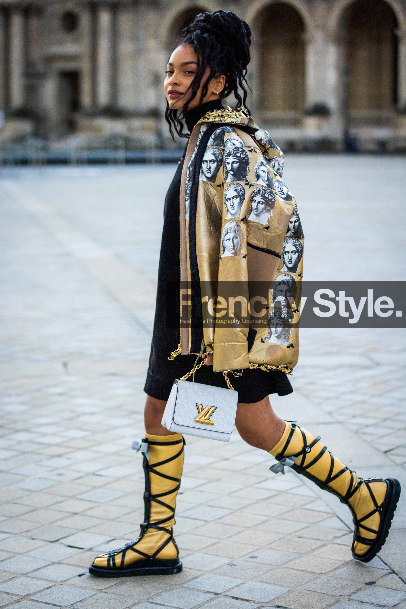 bag, black dress, boots, coat, dress, gold boots, gold coat, high boots, louis vuitton bag, louis vuitton look, print, printed coat, Sharon Alexie, white bag, fashion week, frenchystyle, FW, jonathan paciullo, street style, PFW, PARIS, SPRING SUMMER 2022, SS 22, vertical, full length