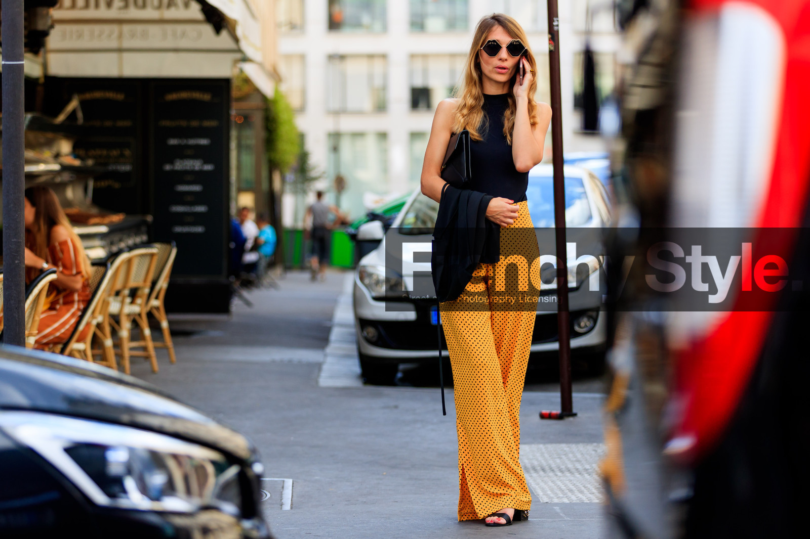 black bag, black jacket, black top, leather bag, orange pants, polka dot, sunglasses, trousers, PFW, fashion week, frenchystyle, FW, jonathan paciullo, street style, PARIS, horizontal, atmosphere details, full length, AUTUMN WINTER 2018-2019, FALL WINTER 2018-2019, FW 18-19