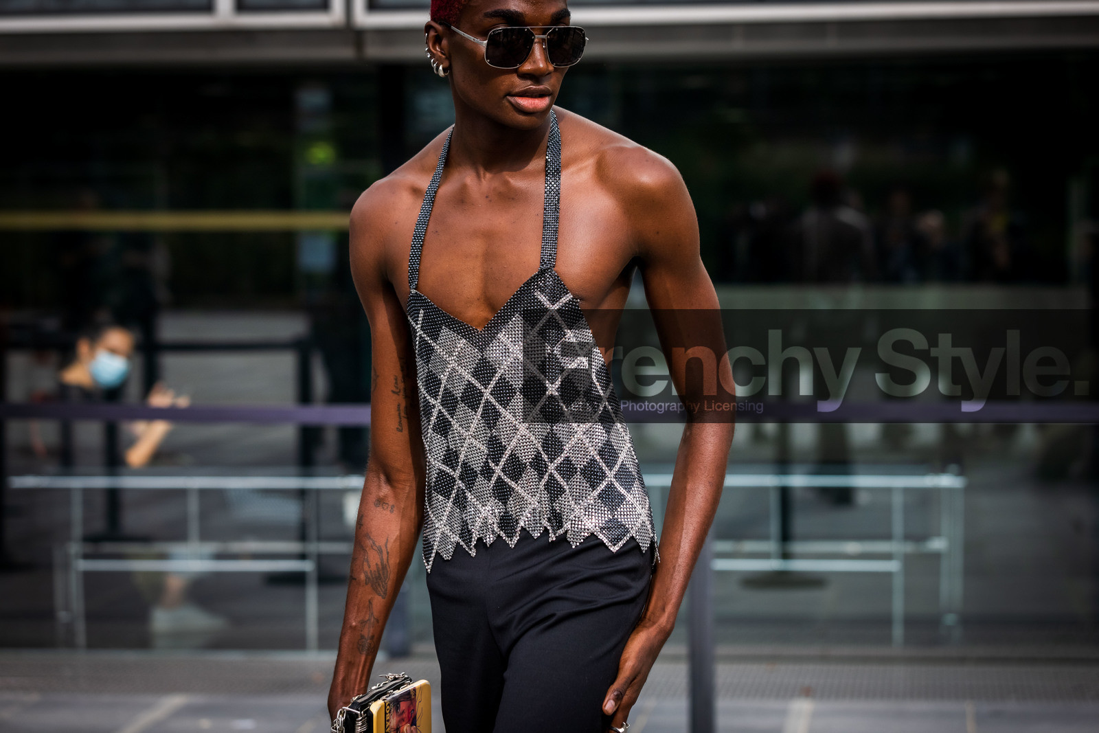 aviator sunglasses, bag, black pants, check, checked top, earrings, menswear, pants, printed top, Rickey Thompson, statement bag, strass, strassed top, sunglasses, tattoo, fashion week, frenchystyle, FW, jonathan paciullo, street style, PFW, PARIS, SPRING SUMMER 2022, SS 22, atmosphere details, horizontal