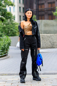 animal print, asymetric, black jacket, black pants, black shoes, blue bag, brown top, graphic top, leather bag, leather shoes, leopard, off the shoulder, printed top, trousers, zip, fashion week, frenchystyle, FW, jonathan paciullo, street style, NYFW, NEW YORK, SPRING SUMMER 2019, SS 19, vertical, full length