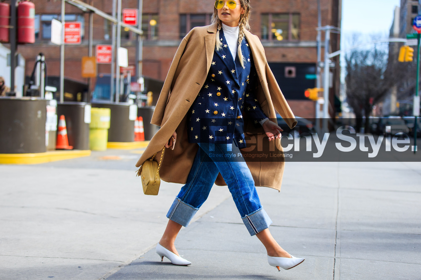 atmosphere details, AUTUMN WINTER 2016-2017, aviator sunglasses, AW 16-17, beige coat, blazer, blue denim, braids, chanel, danielle bernstein, denim pants, detail, FALL WINTER 2016-2017, fashion week, frenchystyle, FW, FW 16-17, horizontal, jeans, jonathan paciullo, kitten heels, leather bag, leather shoes, navy jacket, NEW YORK, NYFW, over the shoulder, overcoat, printed jacket, stars, street style, trousers, white heels, woman, yellow bag