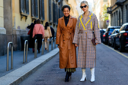 beige coat, black shoes, brown coat, checked, graphic jacket, headband, high heels, leather coat, leather shoes, linda tol, plaid, printed jacket, studs, sunglasses, tamu mcpherson, trench coat, white shoes, MILAN, MFW, fashion week, frenchystyle, FW, jonathan paciullo, street style, AUTUMN WINTER 2019-2020, AW 19-20, FALL WINTER 2019-2020, FW 19-20, atmosphere details, full length, horizontal