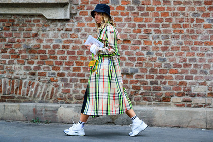 beige coat, black hat, black shorts, bucket hat, chanel handbag, checked, christian dior, graphic bag, graphic jacket, leather bag, leather shoes, neon, plaid, printed bag, printed jacket, tartan, transparent bag, trousers, white shoes, white sneakers, white socks, white t-shirt, yellow bag, MILAN, MFW, fashion week, frenchystyle, FW, jonathan paciullo, street style, AUTUMN WINTER 2019-2020, AW 19-20, FALL WINTER 2019-2020, FW 19-20, atmosphere details, full length, horizontal