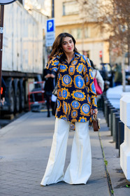 blue shirt, brown bag, camélia jordana, chloé, leather bag, printed shirt, trousers, white pants, PARIS, PFW, street style, jonathan paciullo, FW, frenchystyle, fashion week, AUTUMN WINTER 2019-2020, AW 19-20, FALL WINTER 2019-2020, FW 19-20, vertical, full length