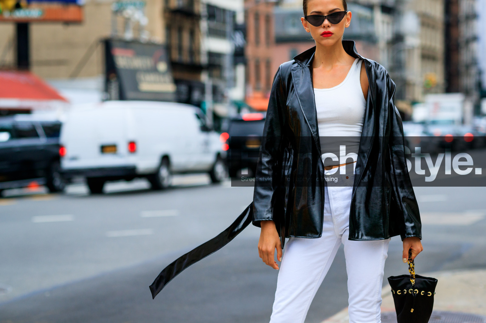 black bag, black jacket, denim pants, jeans, leather bag, leather jacket, sunglasses, trousers, white denim, white tank top, giorgia fowler, model, fashion week, frenchystyle, FW, jonathan paciullo, street style, NYFW, NEW YORK, SPRING SUMMER 2019, SS 19, atmosphere details, horizontal, detail