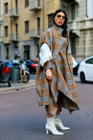 brown coat, checked, graphic jacket, grey coat, high heels, leather bag, leather shoes, orange bag, plaid, printed jacket, sunglasses, white shirt, white shoes, MILAN, MFW, fashion week, frenchystyle, FW, jonathan paciullo, street style, AUTUMN WINTER 2019-2020, AW 19-20, FALL WINTER 2019-2020, FW 19-20, vertical, full length