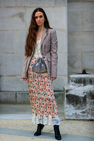black shoes, blazer, checked, erika boldrin, graphic dress, graphic jacket, graphic skirt, grey jacket, high heels, lace dress, leather bag, leather shoes, metallic bag, paco rabanne, plaid, printed dress, printed jacket, printed skirt, silver bag, PARIS, PFW, street style, jonathan paciullo, FW, frenchystyle, fashion week, AUTUMN WINTER 2019-2020, AW 19-20, FALL WINTER 2019-2020, FW 19-20, vertical, full length