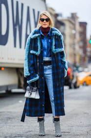 AUTUMN WINTER 2016-2017, AW 16-17, black and white, blue, blue coat, blue denim, blue fur, checked boots, checked coat, denim jacket, denim pants, fashion week, frenchystyle, full length, fur collar, FW, FW 16-17, graphic shoes, grey, grey bag, high boots, high heels, jeans, jonathan paciullo, leather bag, NEW YORK, NYFW, patchwork, plaid, sofie valkiers, street style, sunglasses, trousers, turtleneck sweater, vertical, woman