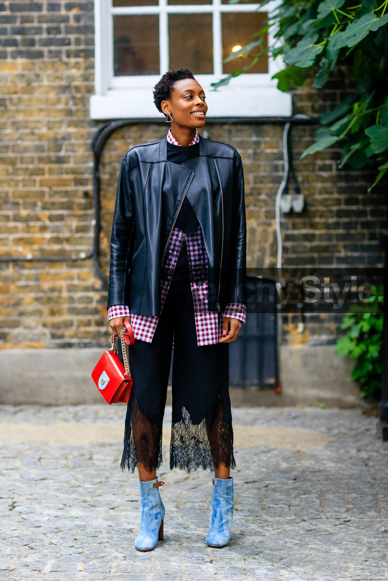 black jacket, black pants, blue denim, check shirt, denim boots, denim shoes, donna wallace, fashion week, frenchystyle, full length, FW, gingham, graphic shirt, high heels, jonathan paciullo, lace pants, leather bag, leather jacket, LFW, LONDON, louis vuitton, plaid, red bag, red shirt, SPRING SUMMER 2017, SS 17, street style, trousers, vertical, woman