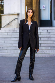 black and white, black blazer, black boots, black monochrome, black pants, blazer, boots, leather pants, monochrome, pants, rectangle sunglasses, sunglasses, street style, jonathan paciullo, FW, frenchystyle, fashion week, PFW, PARIS, SPRING SUMMER 2022, SS 22, vertical, full length, model