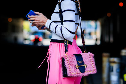 atmosphere details, detail, fashion week, frenchystyle, fur bag, FW, geometric, graphic sweater, helena bordon, horizontal, iphone, jonathan paciullo, leather bag, NEW YORK, NYFW, pink bag, pink pants, prada, printed sweater, SPRING SUMMER 2018, SS 18, street style, striped top, trousers, white sweater