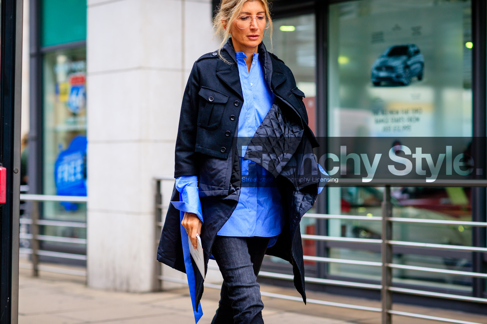 atmosphere details, black denim, black jacket, blue shirt, denim pants, detail, fashion week, frenchystyle, FW, horizontal, jeans, jonathan paciullo, LFW, LONDON, sarah rutson, SPRING SUMMER 2017, SS 17, street style, trousers, woman