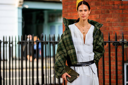 aymeline valade, black belt, checked, graphic jacket, green bag, green jacket, jw anderson, leather bag, leather belt, model, necklace, plaid, printed jacket, tartan, white dress, fashion week, frenchystyle, FW, jonathan paciullo, street style, LFW, LONDON, SPRING SUMMER 2019, SS 19, atmosphere details, horizontal, detail