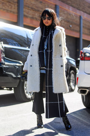 AUTUMN WINTER 2016-2017, AW 16-17, black and white, black boots, black denim, black scarf, checked scarf, denim pants, fashion week, frenchystyle, full length, fur coat, FW, FW 16-17, high heels, jeans, jonathan paciullo, leather boots, margaret, NEW YORK, NYFW, sheep fur, street style, striped scarf, sunglasses, trousers, varnished leather shoes, vertical, white coat, white fur, woman, zhang