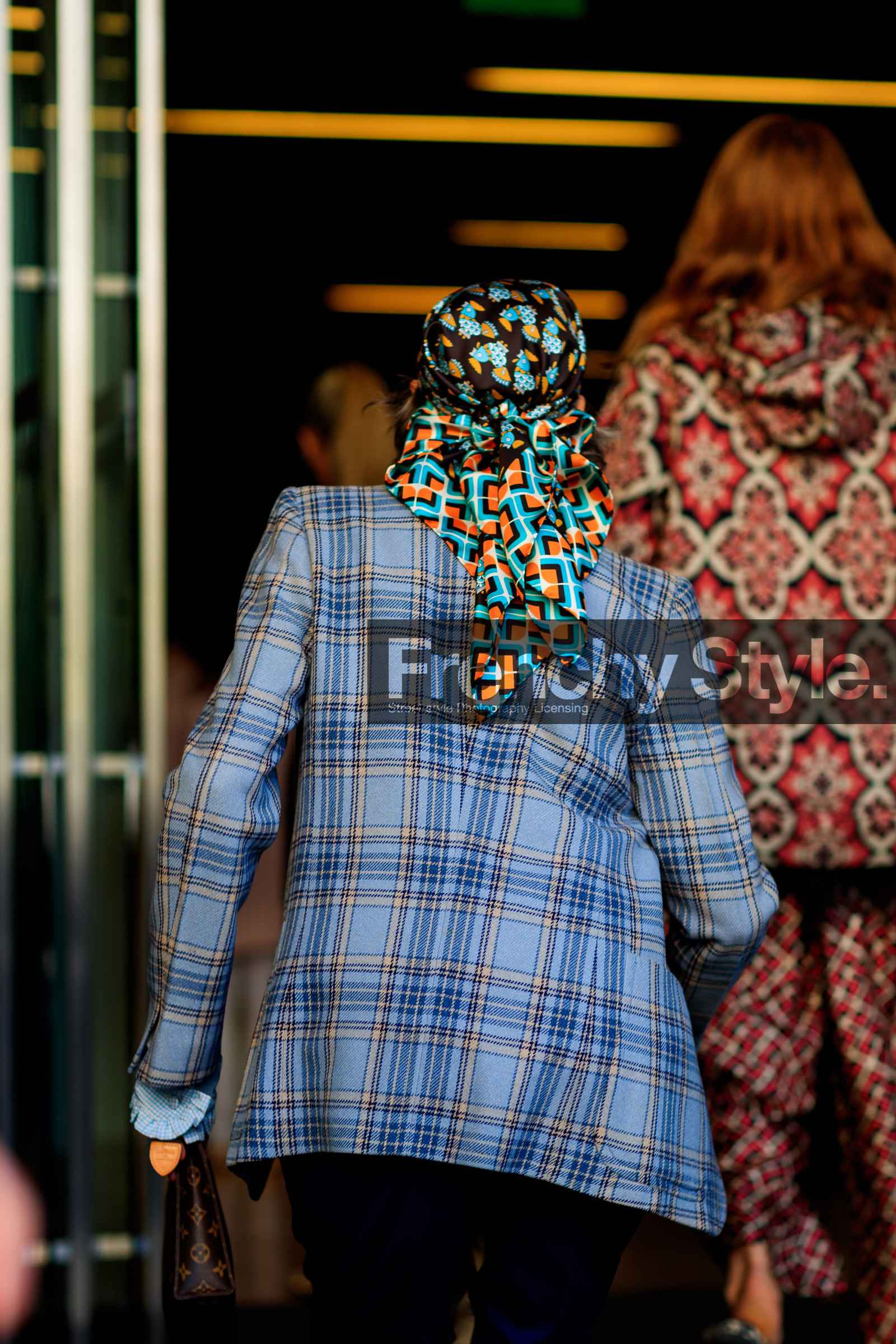 Ana Gimeno Brugada, atmosphere details, blazer, blue jacket, blue scarf, checked jacket, detail, fashion week, frenchystyle, FW, graphic jacket, headscarf, jonathan paciullo, MFW, MILAN, plaid, printed jacket, SPRING SUMMER 2018, SS 18, street style, vertical