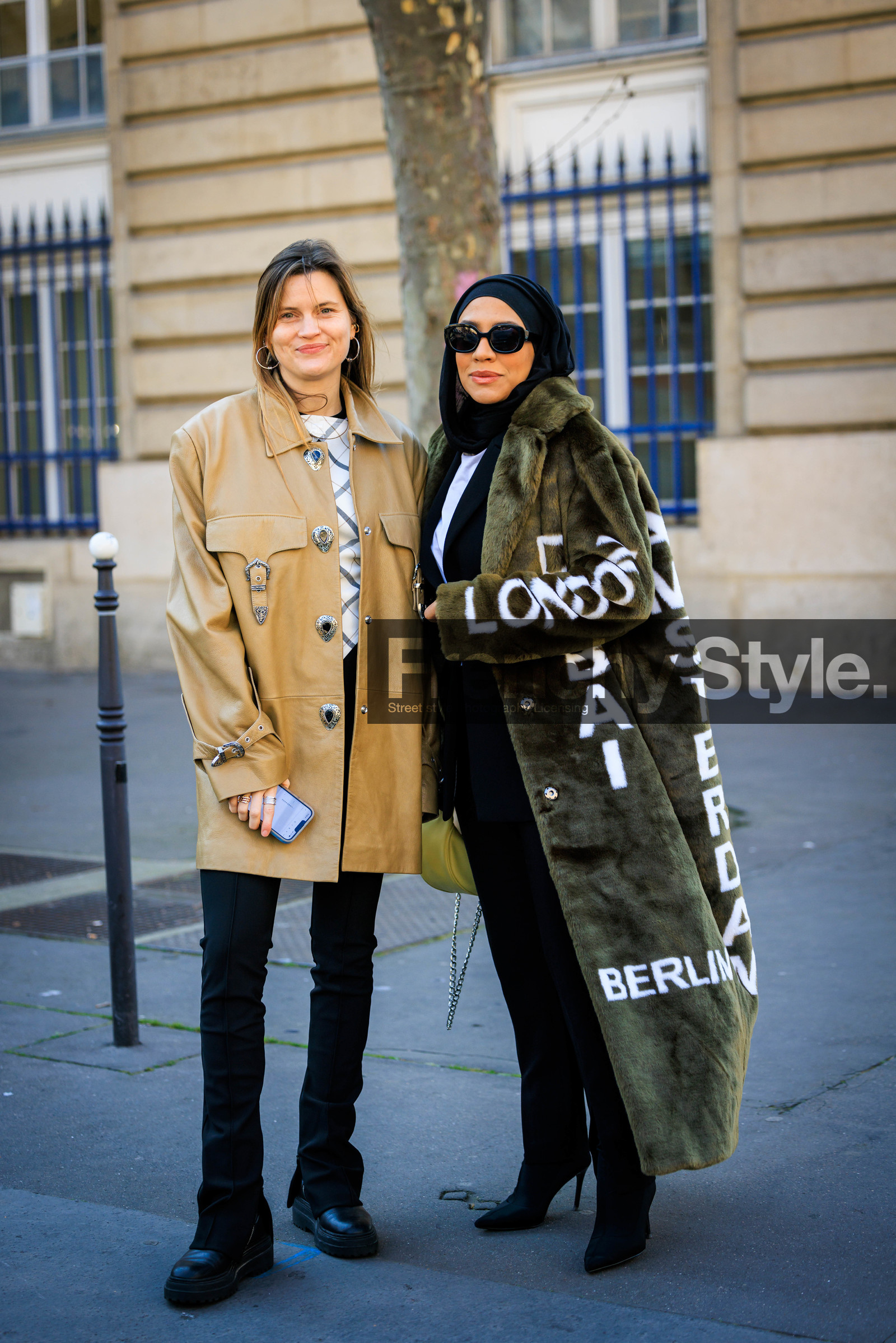 leather jacket, beige jacket, courreges top, plaid top, white top, black trousers, skinny pants, black boots, black scarf, green coat, furry coat, printed coat, yellow handbag, black blazer, white tshirt, silver loops, eugenie trochu, street style, jonathan paciullo, FW, frenchystyle, fashion week, AUTUMN WINTER 2022-2023, FALL WINTER 2022_2023, FW 22-23, PFW, PARIS, full length, vertical, heeled boots