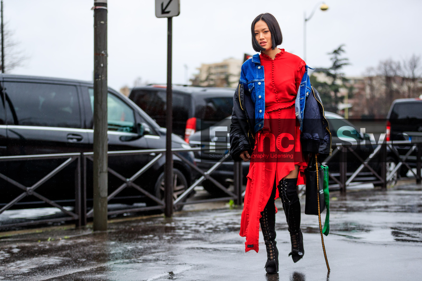 atmosphere details, AUTUMN WINTER 2017-2018, AW 17-18, balenciaga, black bag, black jacket, black shoes, blue denim, denim jacket, FALL WINTER 2017-2018, fashion week, frenchystyle, full length, FW, FW 17-18, high boots, high heels, horizontal, jonathan paciullo, leather bag, leather shoes, PARIS, PFW, red dress, red shirt, red skirt, street style, suede shoes, Tiffany Hsu