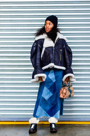 AUTUMN WINTER 2017-2018, AW 17-18, beige bag, black beanie, black boots, black jacket, blue denim, denim skirt, FALL WINTER 2017-2018, fashion week, fendi, frenchystyle, full length, fur collar, FW, FW 17-18, gabby prescod, jonathan paciullo, leather bag, leather boots, leather jacket, NEW YORK, NYFW, patchwork, shearling, snake print, street style, vertical, white fur