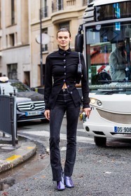 bag, bicolor boots, black bag, black denim, black jean, black shirt, boots, Cara Taylor, denim, jean, leather bag, purple boots, shirt, leather boots, fashion week, frenchystyle, FW, jonathan paciullo, street style, PFW, PARIS, SPRING SUMMER 2022, SS 22, vertical, full length