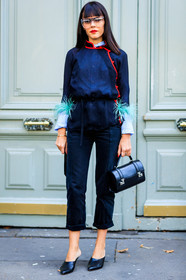 AUTUMN WINTER 2017-2018, AW 17-18, black bag, black denim, black mules, black shirt, black shoes, denim pants, evangelie smyrniotaki, FALL WINTER 2017-2018, fashion week, feathers, frenchystyle, full length, FW, FW 17-18, high heels, jeans, jonathan paciullo, leather bag, leather shoes, PARIS, PFW, silk shirt, street style, sunglasses, trousers, vertical