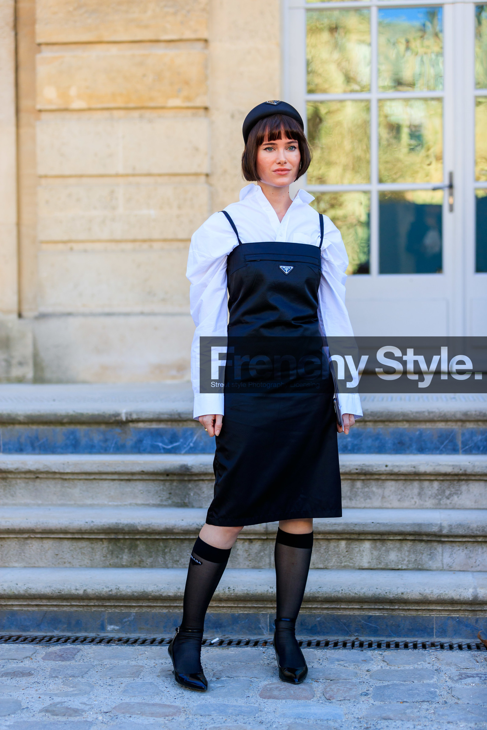 black dress, black shoes, black socks, headband, high socks, leather shoes, prada, white shirt, fashion week, frenchystyle, FW, jonathan paciullo, street style, PFW, PARIS, AUTUMN WINTER 2019-2020, AW 19-20, FALL WINTER 2019-2020, FW 19-20, vertical, full length