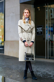 AUTUMN WINTER 2017-2018, AW 17-18, beige coat, black bag, black shoes, chanel handbag, FALL WINTER 2017-2018, fashion week, frenchystyle, full length, FW, FW 17-18, high heels, jonathan paciullo, leather bag, leather shoes, model, nadja bender, PARIS, PFW, street style, transparent bag, trench coat, vertical, white scarf