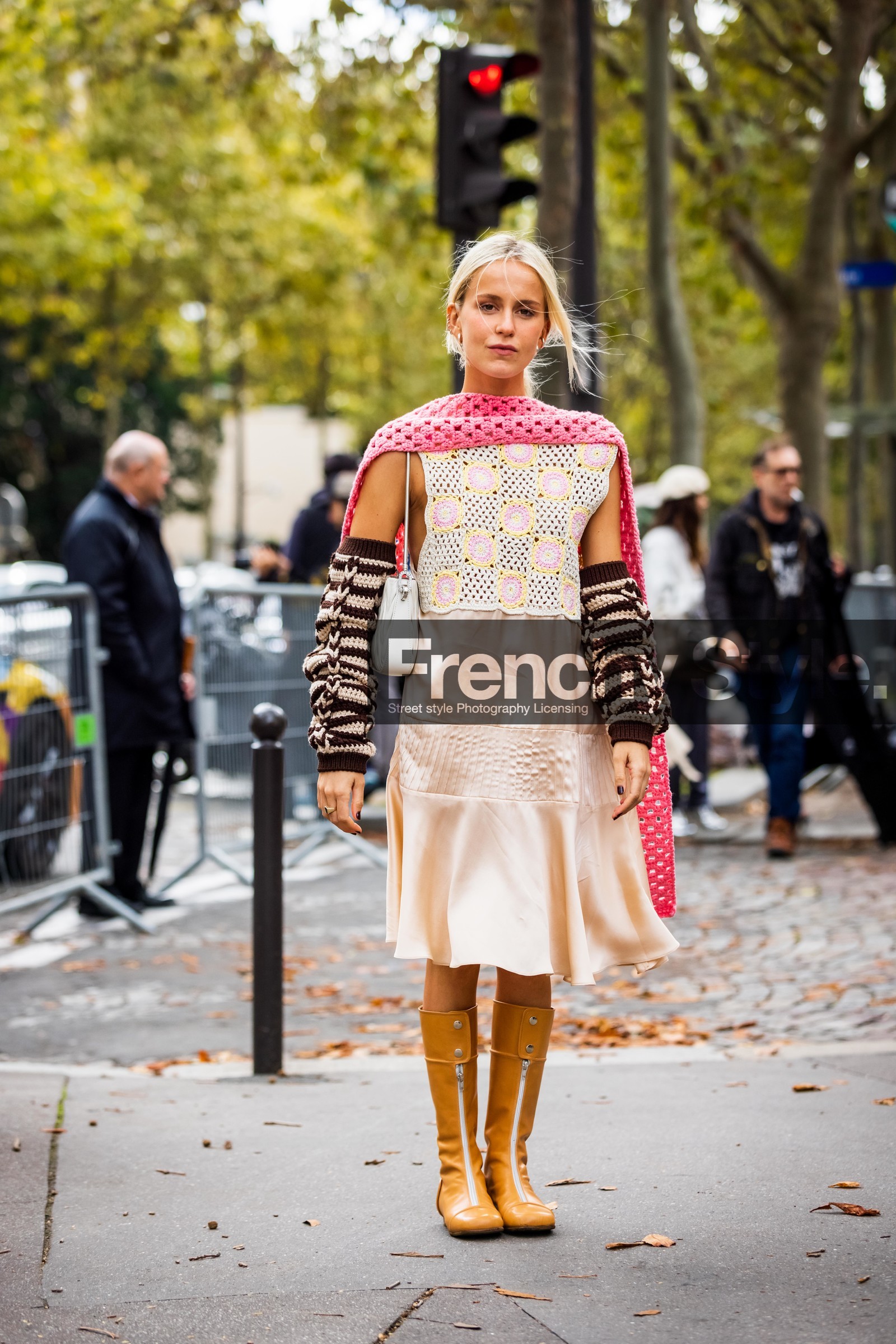 bag, boots, crochet, dress, leather boots, nude dress, pink scarf, satin dress, scarf, silk, sleeves, white bag, yellow boots, fashion week, frenchystyle, FW, jonathan paciullo, street style, PFW, PARIS, SPRING SUMMER 2022, SS 22, vertical, full length
