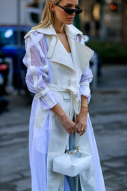 leather bag, leonie hanne, rejina pyo, see through, sunglasses, trench coat, trousers, white bag, white coat, MILAN, MFW, fashion week, frenchystyle, FW, jonathan paciullo, street style, AUTUMN WINTER 2019-2020, AW 19-20, FALL WINTER 2019-2020, FW 19-20, vertical, atmosphere details, detail