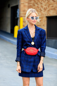 atmosphere details, blazer, blue jacket, blue skirt, caro daur, checked jacket, checked skirt, detail, fanny pack, fashion week, frenchystyle, FW, gucci, jonathan paciullo, leather bag, necklace, NEW YORK, NYFW, plaid, red bag, SPRING SUMMER 2018, SS 18, street style, sunglasses, vertical