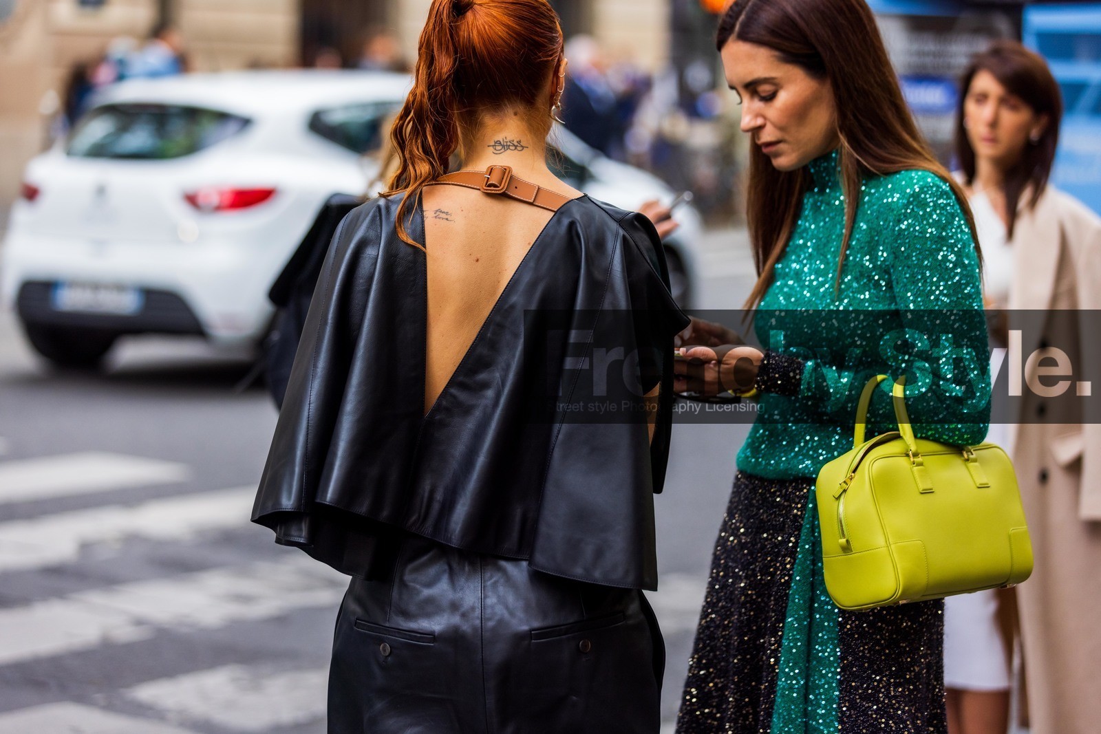 black skirt, color, Gala Gonzalez, green bag, green turtleneck, leather bag, loewe bag, sequins, smartphone, turtleneck, back, back detail, black pants, black top, Courtney Trop, leather pants, leather top, open back, pony tails, tattoo, street style, jonathan paciullo, FW, frenchystyle, fashion week, PFW, PARIS, SPRING SUMMER 2022, SS 22, horizontal, atmosphere details
