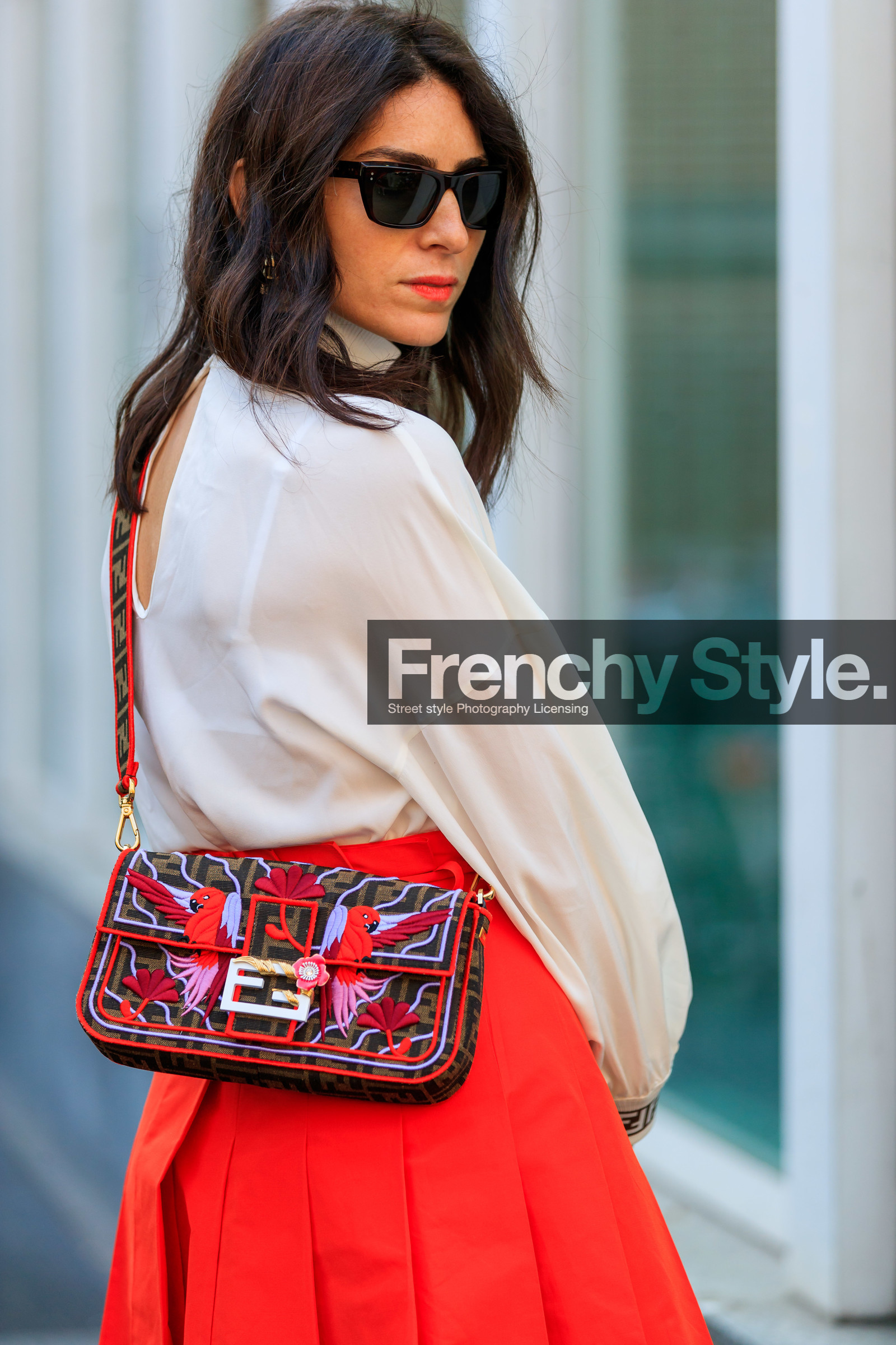 animal print, brown bag, deborah reyner sebag, fendi, graphic bag, leather bag, monogram, printed bag, red bag, red skirt, sunglasses, white blouse, MILAN, MFW, fashion week, frenchystyle, FW, jonathan paciullo, street style, AUTUMN WINTER 2019-2020, AW 19-20, FALL WINTER 2019-2020, FW 19-20, vertical, atmosphere details, detail
