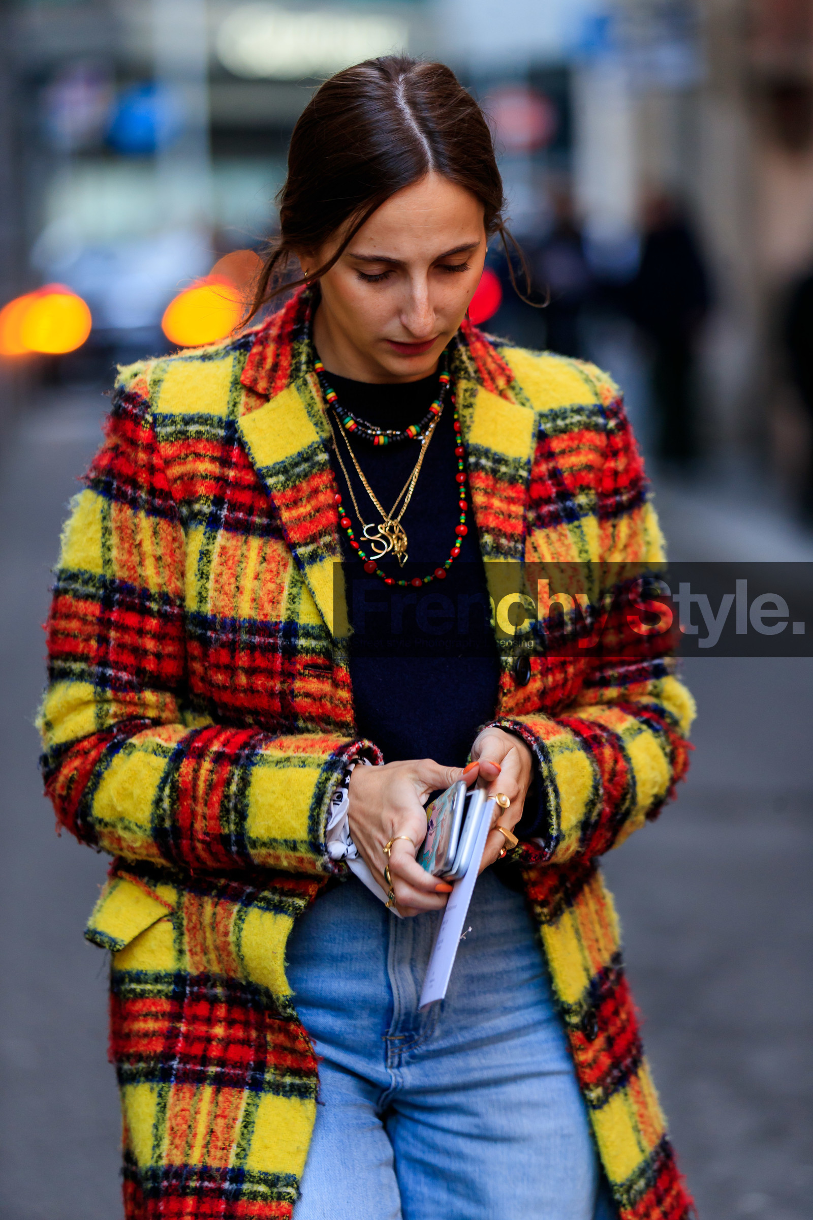 black sweater, blue denim, checked, denim pants, graphic jacket, jeans, necklace, plaid, printed jacket, tartan, trousers, yellow coat, MILAN, MFW, fashion week, frenchystyle, FW, jonathan paciullo, street style, AUTUMN WINTER 2019-2020, AW 19-20, FALL WINTER 2019-2020, FW 19-20, vertical, atmosphere details, detail