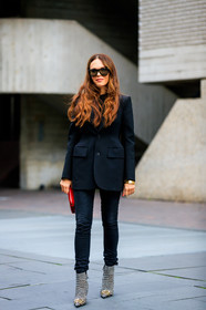 balenciaga, black and white shoes, black denim, black jacket, blazer, denim pants, evangelie smyrniotaki, golden details, high heels, houndstooth pattern, jeans, leather bag, leather shoes, long hair, red bag, sunglasses, trousers, fashion week, frenchystyle, FW, jonathan paciullo, street style, LFW, LONDON, SPRING SUMMER 2019, SS 19, vertical, full length
