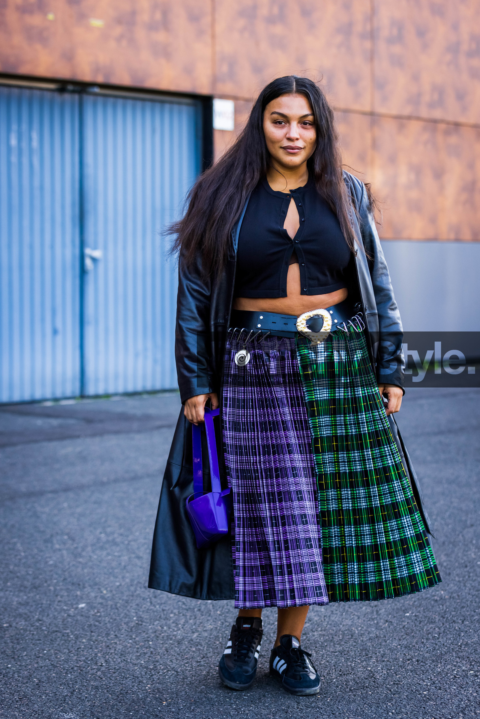 bag, belt, black belt, black coat, black crop top, black sneakers, coat, crop top, electric blue bag, green skirt, leather coat, long skirt, Paloma Elsesser, patchwork, print, printed skirt, purple skirt, skirt, sneakers, tartan print, street style, jonathan paciullo, FW, frenchystyle, fashion week, PFW, PARIS, SPRING SUMMER 2022, SS 22, vertical, full length, model