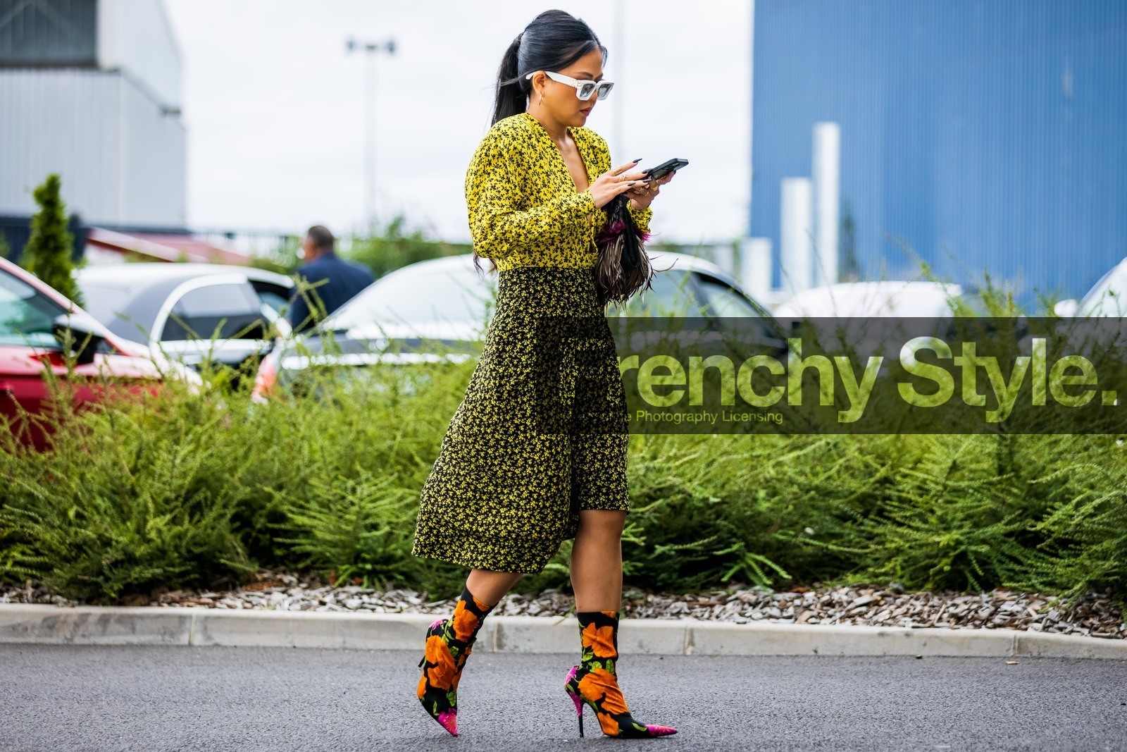 balenciaga boots, boots, color, dress, floral print, flower, green dress, multicolor, orange boots, print, printed dress, sunglasses, white sunglasses, yellow dress, PARIS, PFW, fashion week, frenchystyle, FW, jonathan paciullo, street style, SPRING SUMMER 2022, SS 22, horizontal, atmosphere details, full length