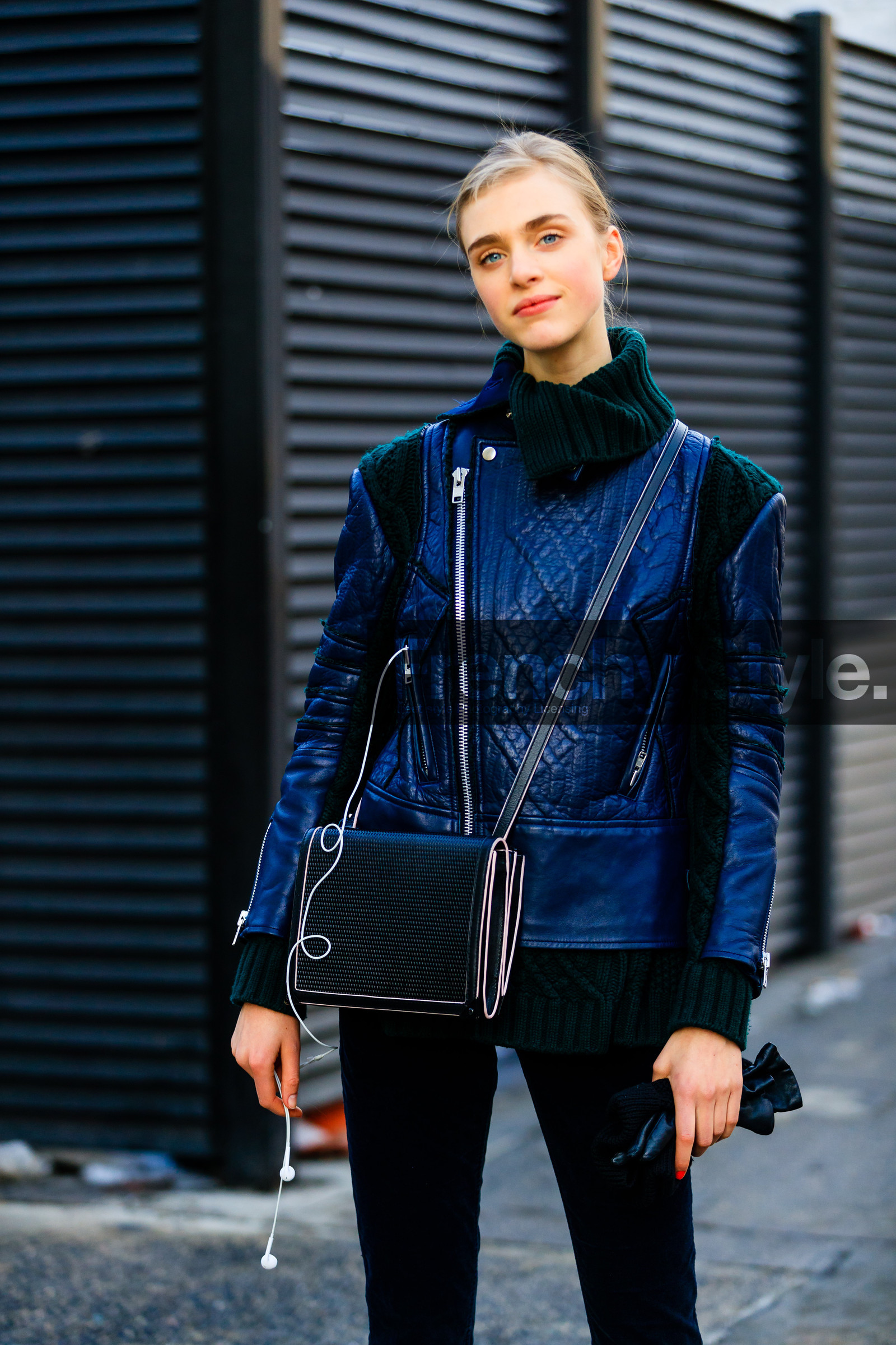 AUTUMN WINTER 2017-2018, AW 17-18, black bag, black pants, blue jacket, detail, FALL WINTER 2017-2018, fashion week, frenchystyle, FW, FW 17-18, jonathan paciullo, leather bag, leather jacket, model, NEW YORK, NYFW, street style, trousers, vertical