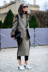 AUTUMN WINTER 2017-2018, AW 17-18, black bag, black pants, FALL WINTER 2017-2018, fashion week, frenchystyle, full length, FW, FW 17-18, graphic jacket, grey jacket, high heels, jonathan paciullo, leather bag, leather pants, leather shoes, PARIS, PFW, street style, sunglasses, vertical, Véronique Tristram, white shoes