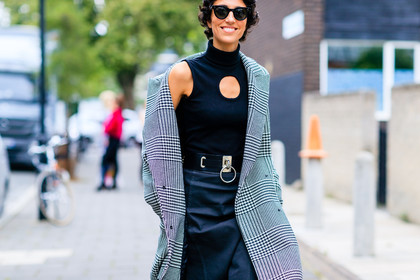 atmosphere details, black belt, black dress, black skirt, black sweater, black turtleneck, checked coat, detail, fashion week, frenchystyle, FW, horizontal, jonathan paciullo, leather belt, LFW, LONDON, open work, plaid, SPRING SUMMER 2017, SS 17, street style, sunglasses, tartan, woman, yasmin sewell