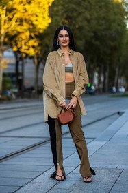 acne bag, acne studios look, bag, beige shirt, bicolor pants, black sandals, bra, brown bag, corduroy shirt, Fiona Zanetti, hoops, kakhi bra, kakhi pants, leather bag, pants, sandals, shirt, slipt pants, zipped pants, street style, jonathan paciullo, FW, frenchystyle, fashion week, PFW, PARIS, SPRING SUMMER 2022, SS 22, vertical, full length