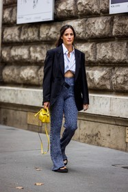 Astrid Boutrot, bag, black blazer, blazer, cropped shirt, flare pants, grey pants, leather bag, loewe bag, pants, ribbed pants, shirt, small bag, white shirt, yellow bag, fashion week, frenchystyle, FW, jonathan paciullo, street style, PFW, PARIS, SPRING SUMMER 2022, SS 22, vertical, full length