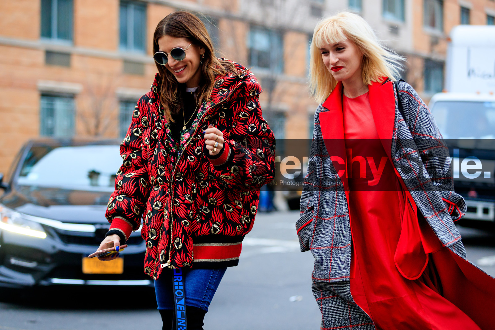 black shoes, blue denim, checked coat, denim pants, graphic jacket, grey coat, high boots, jeans, plaid, printed jacket, red dress, red jacket, sunglasses, trousers, street style, jonathan paciullo, FW, frenchystyle, fashion week, NYFW, NEW YORK, AUTUMN WINTER 2018-2019, AW 18-19, FALL WINTER 2018-2019, FW 18-19, atmosphere details, horizontal, detail