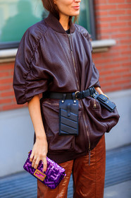 black bag, brown jacket, fanny pack, fendi, gala gonzalez, glitter, graphic bag, leather bag, leather jacket, printed bag, purple bag, red pants, sequined bag, shiny bag, trousers, MILAN, MFW, fashion week, frenchystyle, FW, jonathan paciullo, street style, AUTUMN WINTER 2019-2020, AW 19-20, FALL WINTER 2019-2020, FW 19-20, vertical, atmosphere details, detail