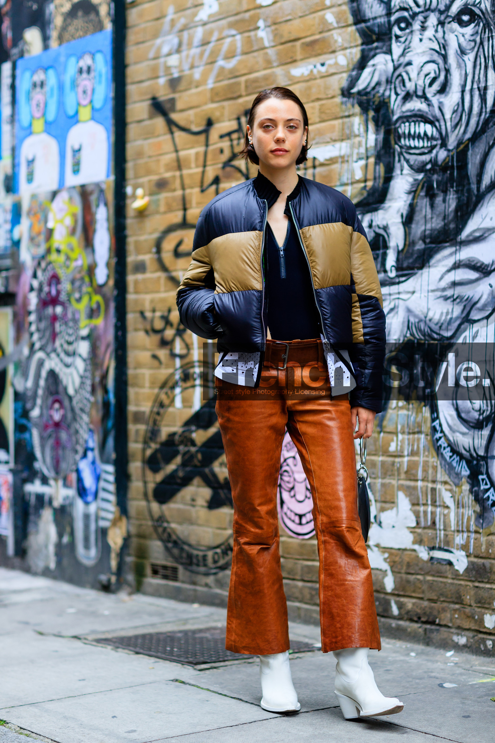 black jacket, black top, body, brown pants, down jacket, fashion week, frenchystyle, full length, FW, georgia pendlebury, graphic bag, graphic jacket, high heels, jonathan paciullo, leather pants, leather shoes, LFW, LONDON, printed jacket, SPRING SUMMER 2017, SS 17, street style, trousers, vertical, white boots, woman