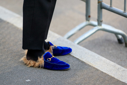 black pants, black socks, blue shoes, fur shoes, gucci, leather shoes, loafers, trousers, velvet, fashion week, frenchystyle, FW, jonathan paciullo, street style, MFW, MILAN, AUTUMN WINTER 2019-2020, AW 19-20, FALL WINTER 2019-2020, FW 19-20, atmosphere details, detail, horizontal