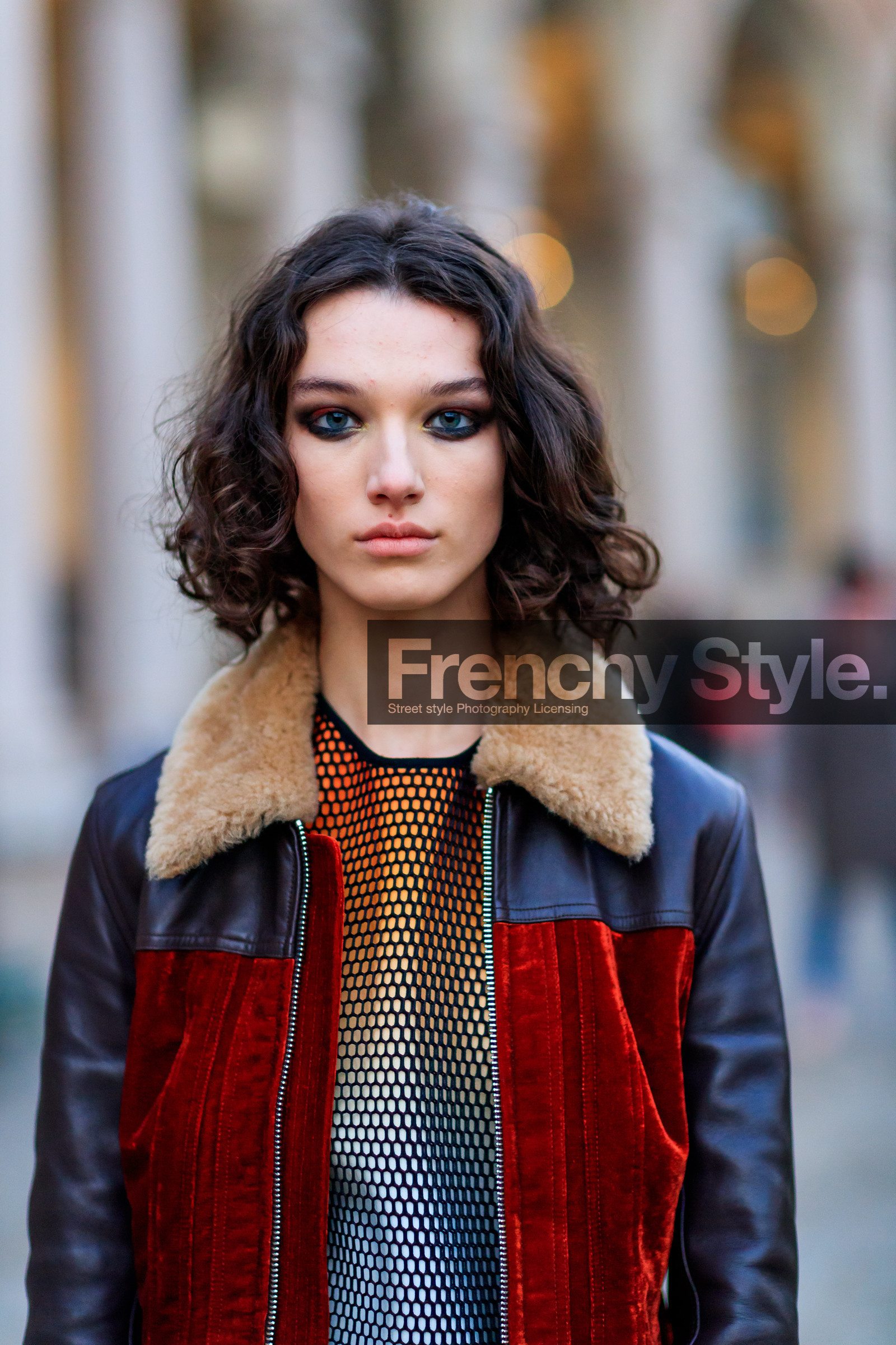 AUTUMN WINTER 2017-2018, AW 17-18, beige fur, brown jacket, detail, eyeliner, eyeshadow, FALL WINTER 2017-2018, fashion week, fishnet, frenchystyle, fur collar, FW, FW 17-18, graphic top, jonathan paciullo, mckenna hellam, MFW, MILAN, model, portrait, printed top, street style, velvet, vertical