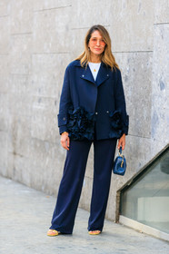blue bag, leather bag, leather shoes, navy jacket, navy pants, necklace, sunglasses, trousers, white t shirt, yellow shoes, MILAN, MFW, fashion week, frenchystyle, FW, jonathan paciullo, street style, AUTUMN WINTER 2019-2020, AW 19-20, FALL WINTER 2019-2020, FW 19-20, vertical, full length