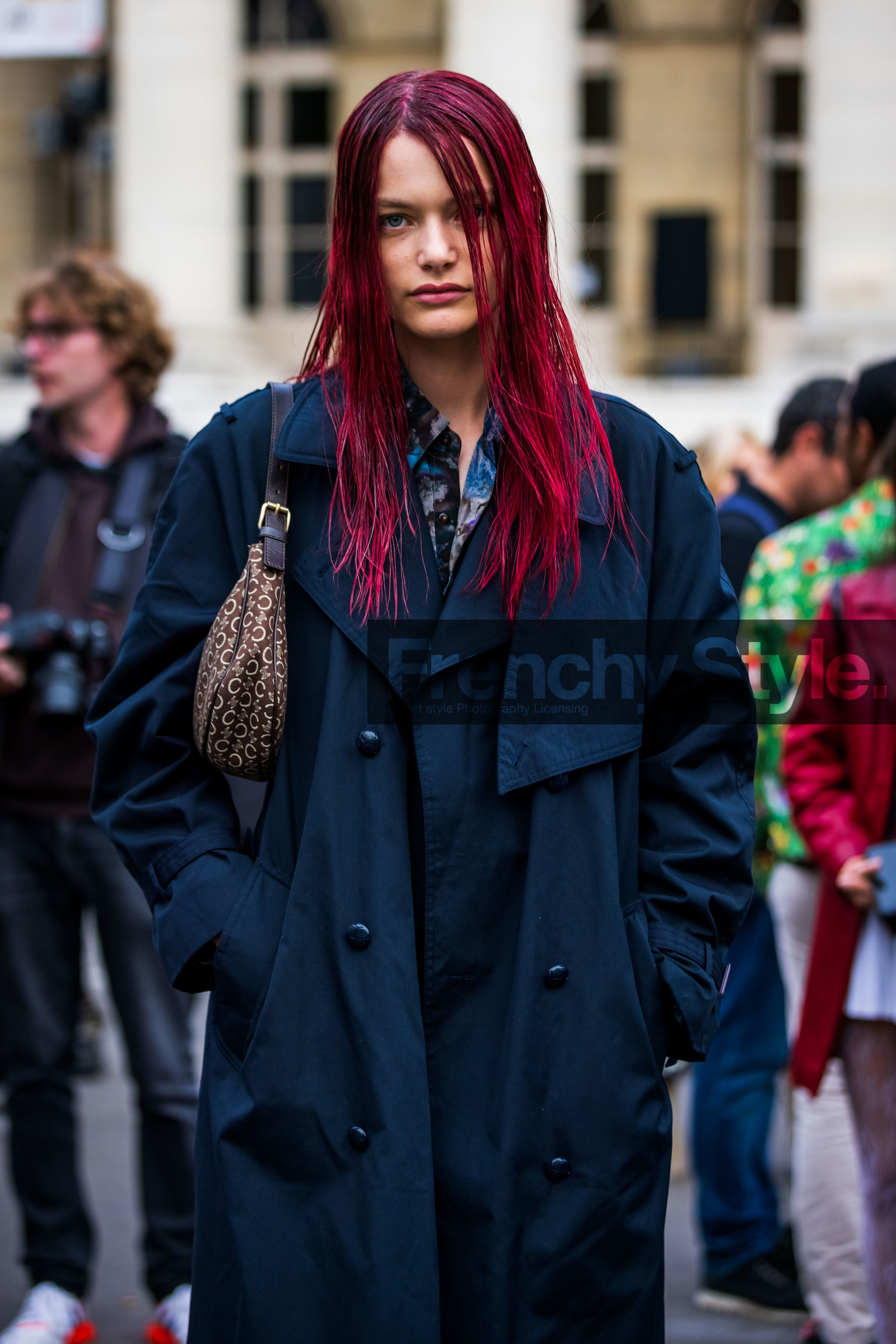 bag, black trenchcoat, hairstyle, logo print, marine serre bag, printed bag, printed shirt, red hair, shirt, street style, jonathan paciullo, FW, frenchystyle, fashion week, PFW, PARIS, SPRING SUMMER 2022, SS 22, vertical, atmosphere details, model