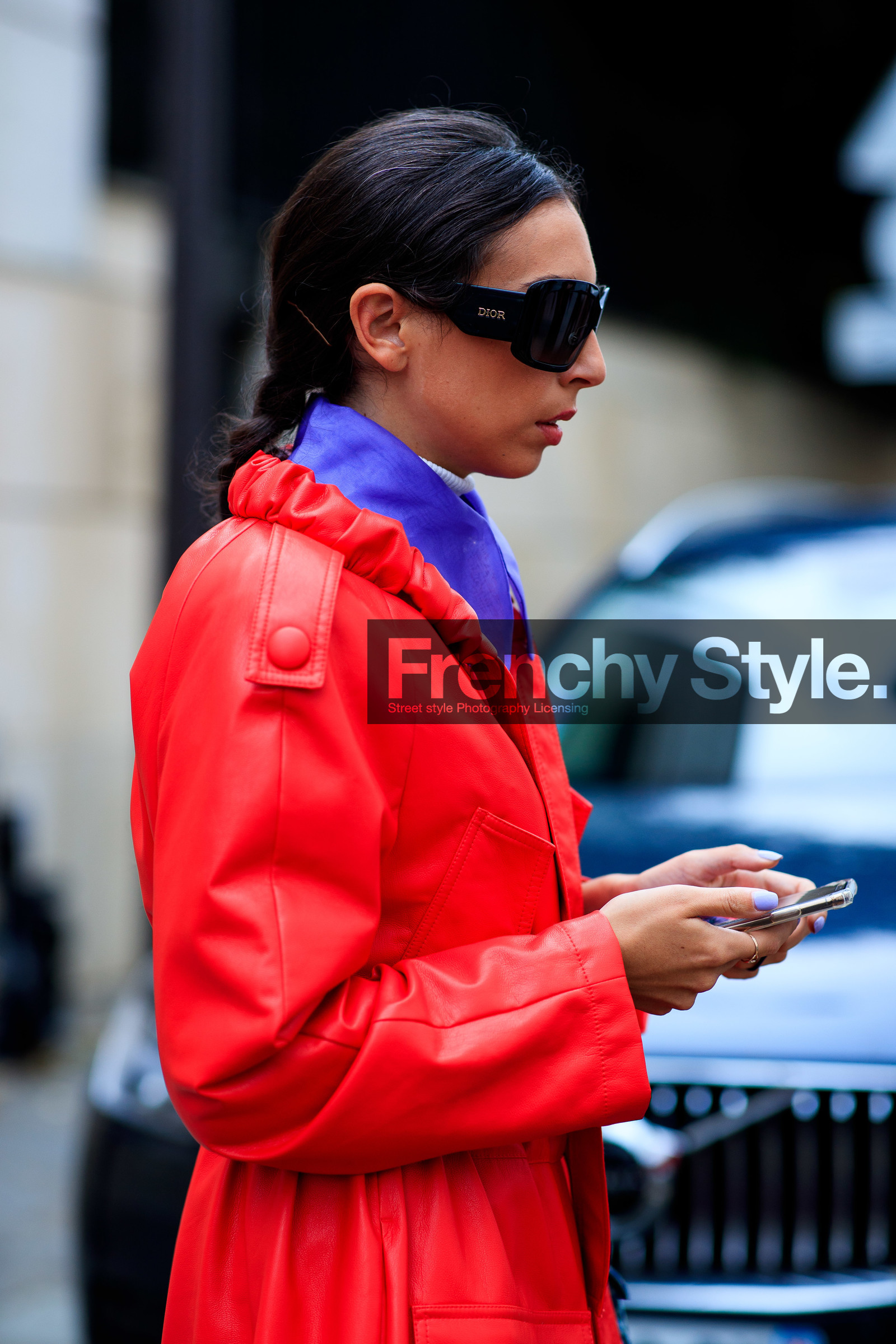 gabriella berdugo, red leather jacket, red leather coat, close up detail, dior sunglasses, black sunglasses, big sunglasses, square shape glasses, purple shirt, fashion week, frenchystyle, FW, jonathan paciullo, street style, PFW, PARIS, SPRING SUMMER 2021, SS 21, vertical, atmosphere details, detail