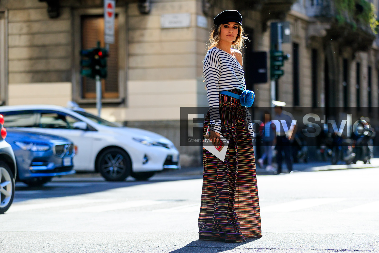 atmosphere details, black cap, blue bag, fanny pack, fashion week, frenchystyle, full length, FW, graphic pants, graphic top, gucci, horizontal, jonathan paciullo, leather bag, MFW, MILAN, multicolor pants, printed pants, printed top, SPRING SUMMER 2018, SS 18, street style, striped pants, striped top, trousers, wide pants