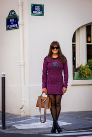 bag, black boots, black sunglasses, boots, camel bag, chanel dress, dress, logo, printed dress, purple dress, sunglasses, fashion week, frenchystyle, FW, jonathan paciullo, street style, PFW, PARIS, SPRING SUMMER 2022, SS 22, vertical, full length